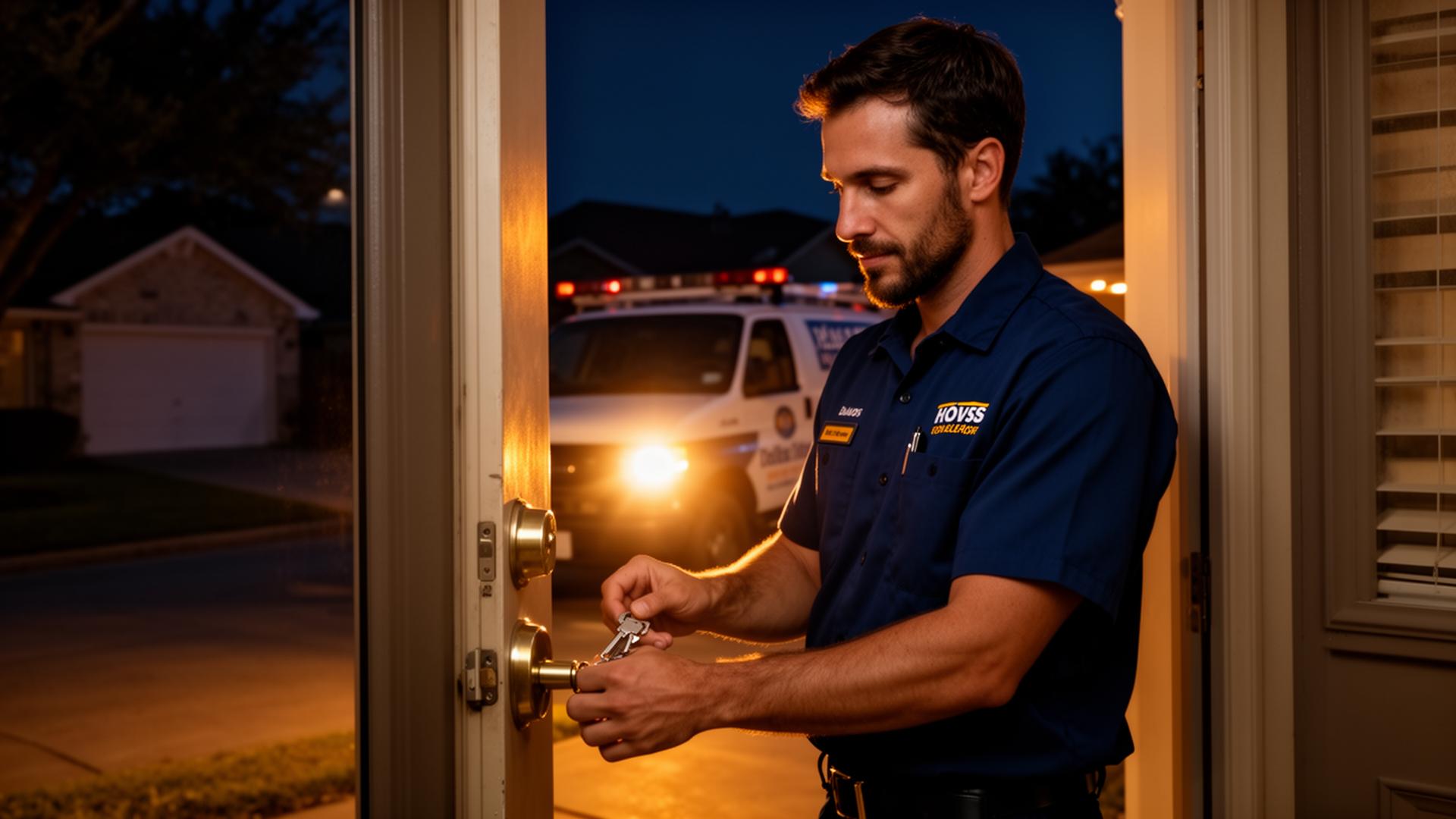 24 Hour Locksmith Pros technician unlocking a Dallas home at night